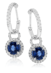 A pair of blue sapphire and diamond earrings.