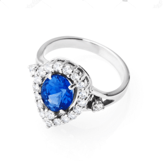 A blue sapphire and diamond ring on a white background.