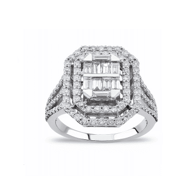 A white gold diamond ring with baguette cut diamonds.