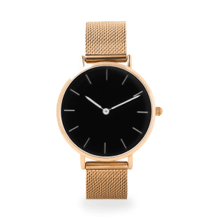 A black watch with a rose gold mesh band.