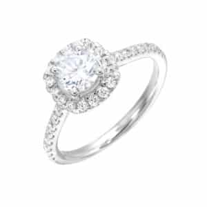 A white gold halo engagement ring with diamonds.