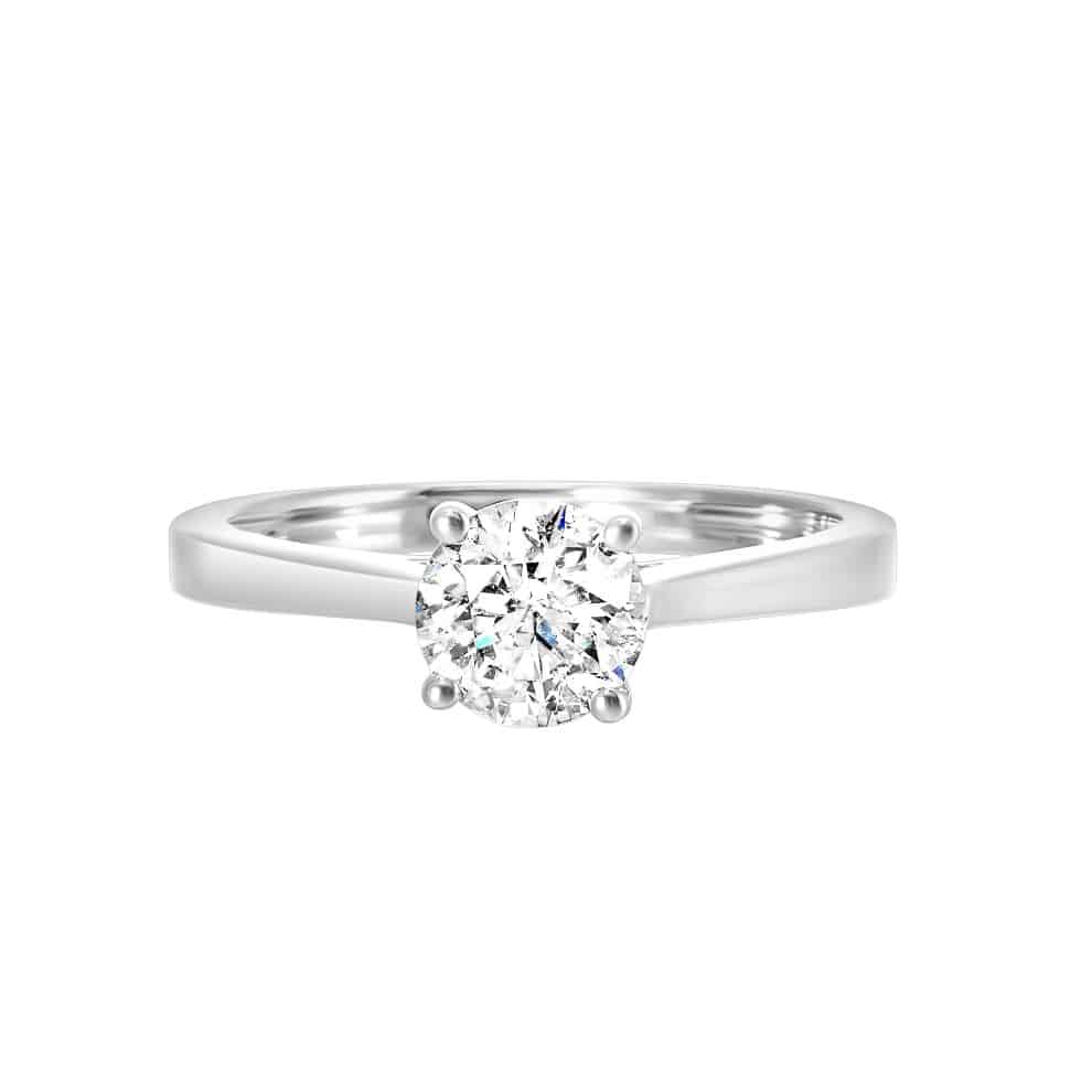 A white gold engagement ring with a round brilliant diamond.