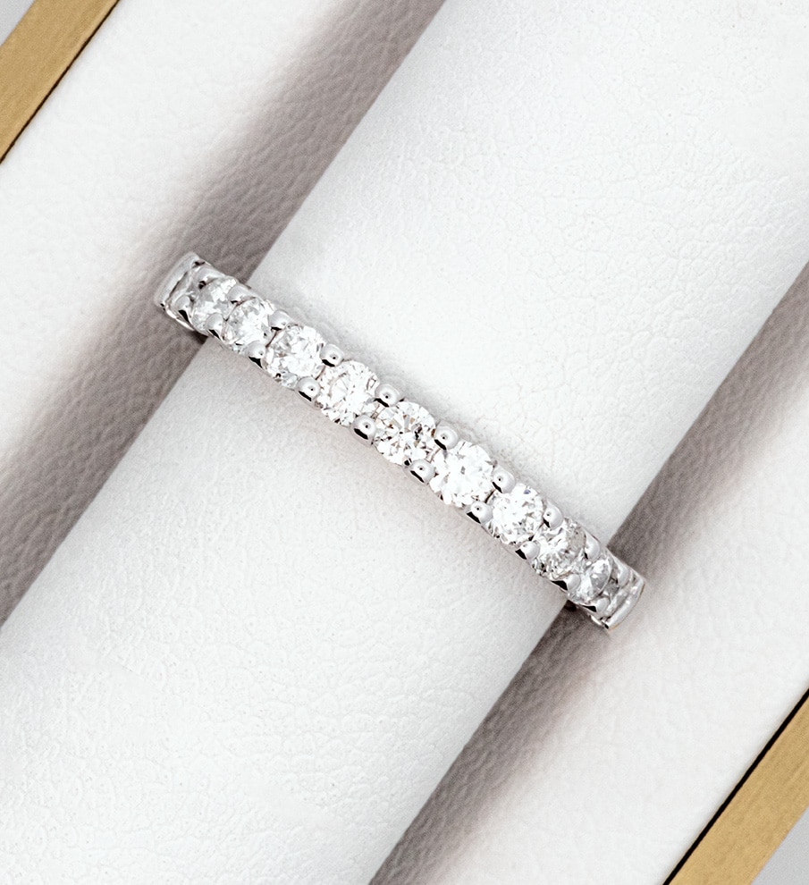 A white gold diamond eternity ring in a box.