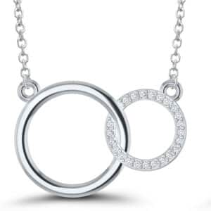 A silver necklace with two diamond circles on it.