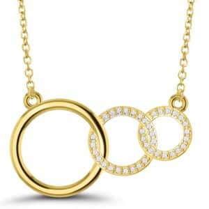 A yellow gold necklace with three circles and diamonds.