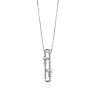 A white gold pendant with diamonds on a chain.