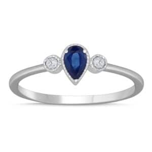 A sapphire and diamond ring with a pear shaped sapphire.