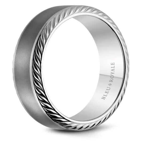 A silver wedding band with a braided design.