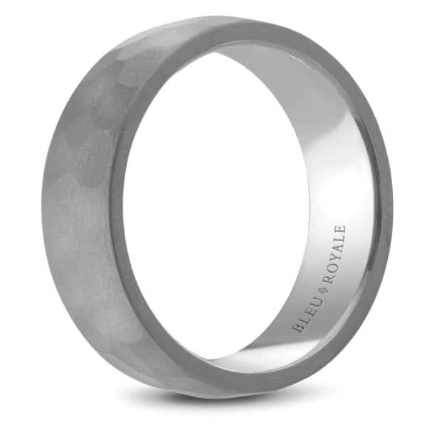 A men's wedding band with a hammered finish.