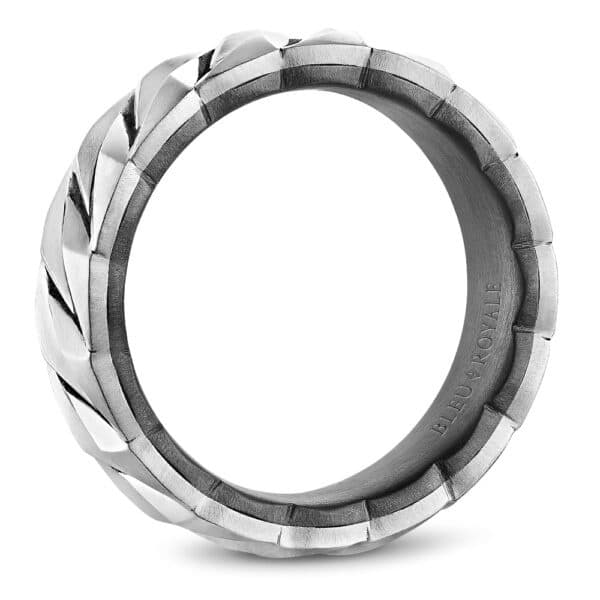 A men's wedding ring with a twist design.