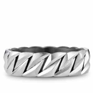A men's silver ring with a braided design.