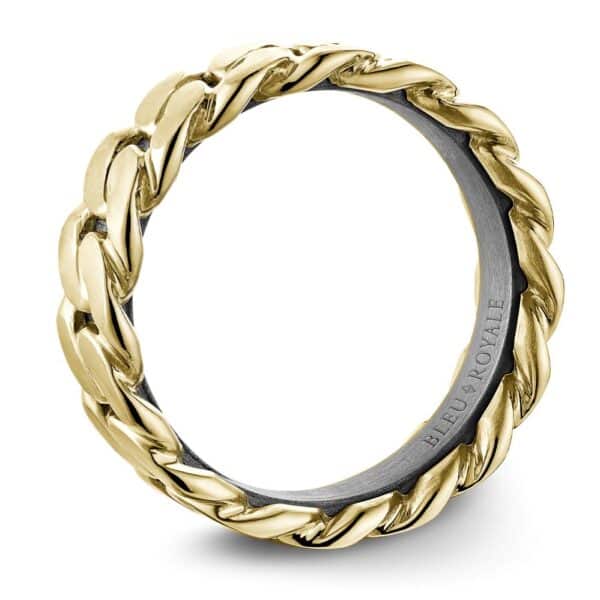 A gold and black ring with a braided design.