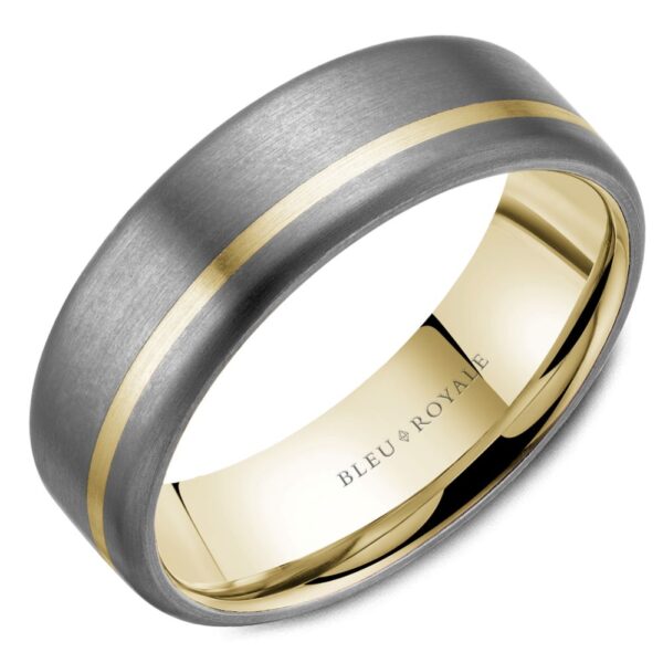 A men's wedding band in two tone gold and yellow gold.