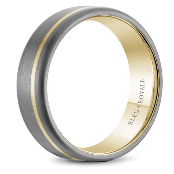 A men's wedding band with a gold and silver stripe.