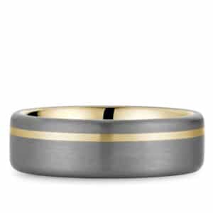 A men's wedding band with a yellow gold stripe.