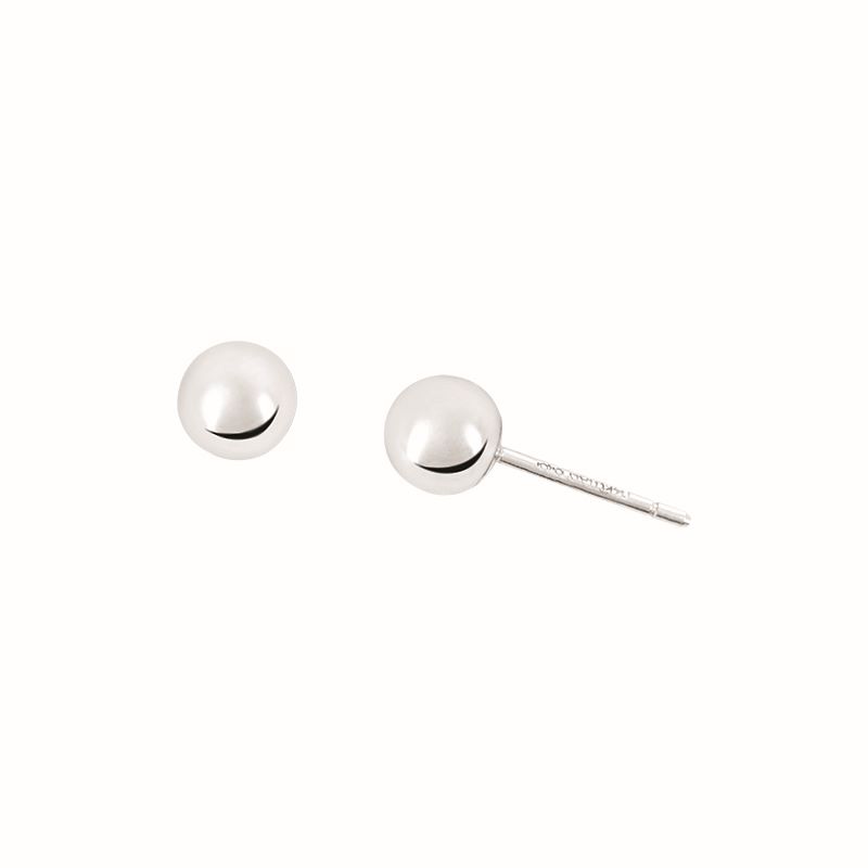 A pair of silver ball stud earrings on a white background.