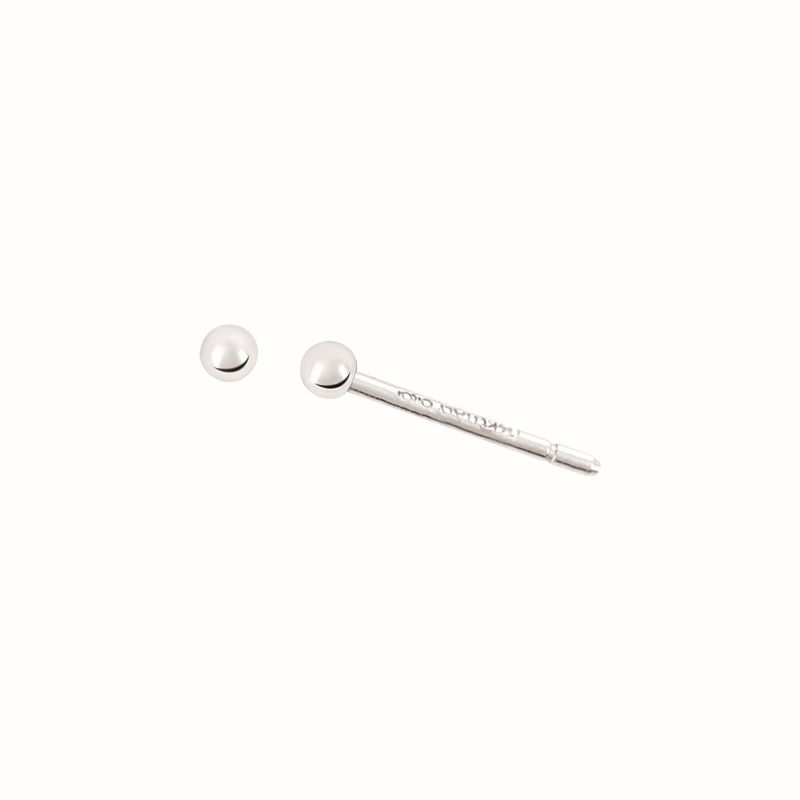 A pair of silver stud earrings on a white background.