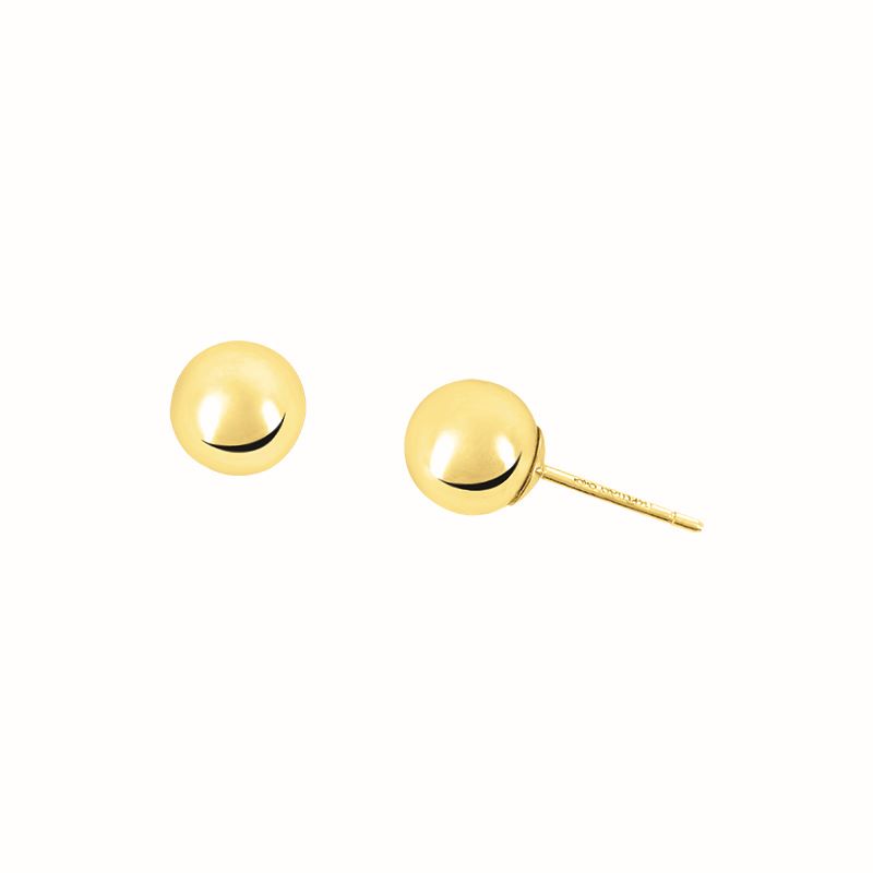 A pair of gold ball stud earrings on a white background.