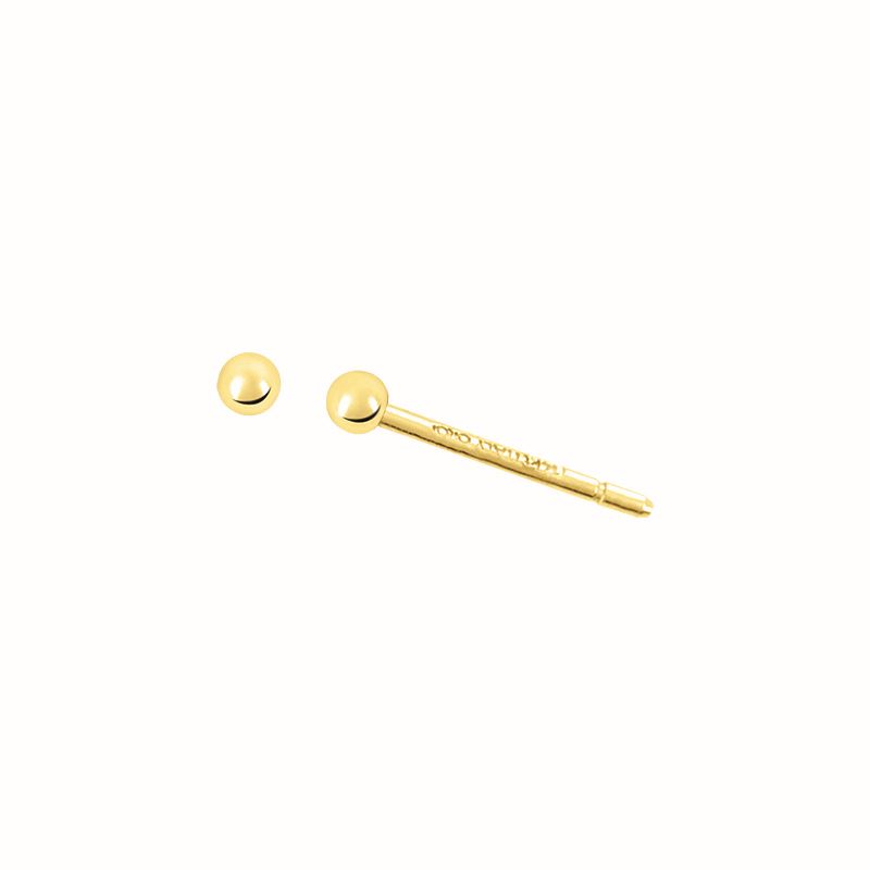 A pair of gold stud earrings on a white background.