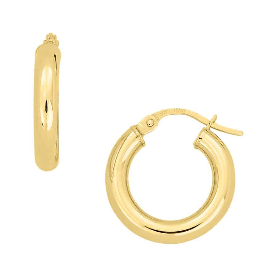 A pair of yellow gold hoop earrings.
