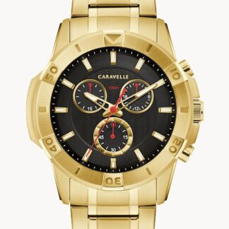 A gold - toned watch with black dial.
