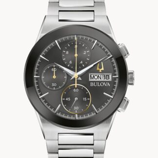 A stainless steel watch with a black dial.