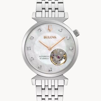 A bulova watch with a mother of pearl dial.