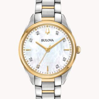 A women's bulova watch with a mother of pearl dial.