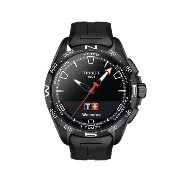 Tissot gps watch in black and orange.