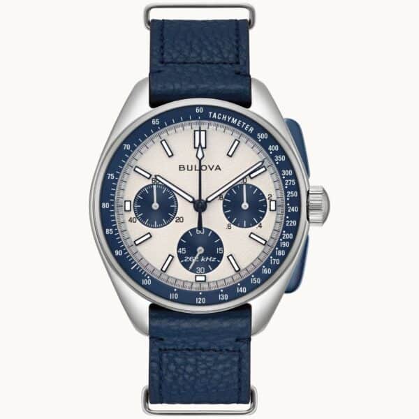 A watch with blue leather strap and white dial.