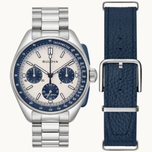 A watch with a blue strap and blue dial.