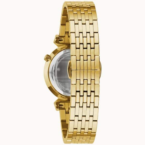A women's watch with a gold tone bracelet.
