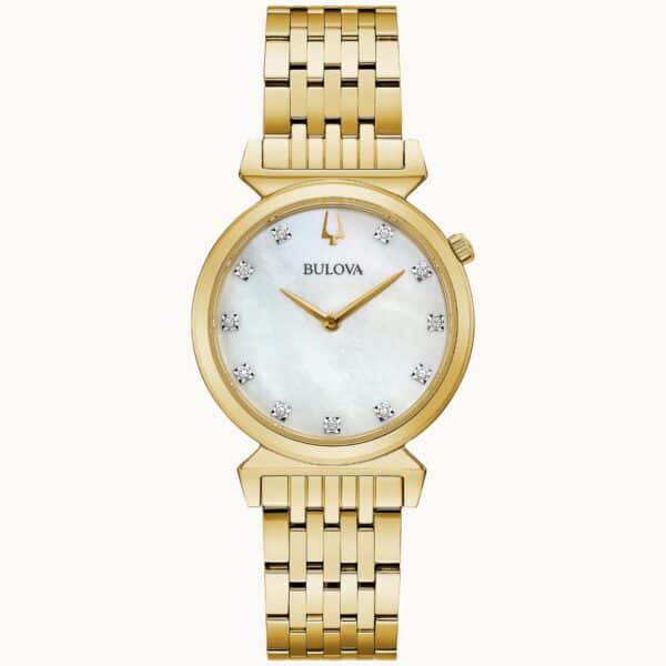 A women's gold - toned watch with a mother of pearl dial.