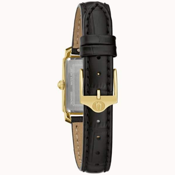 A black and gold watch with a gold buckle.