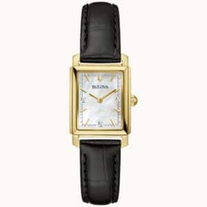 A women's gold - plated watch with black leather strap.