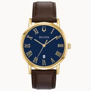 The men's bulova watch with brown leather strap.