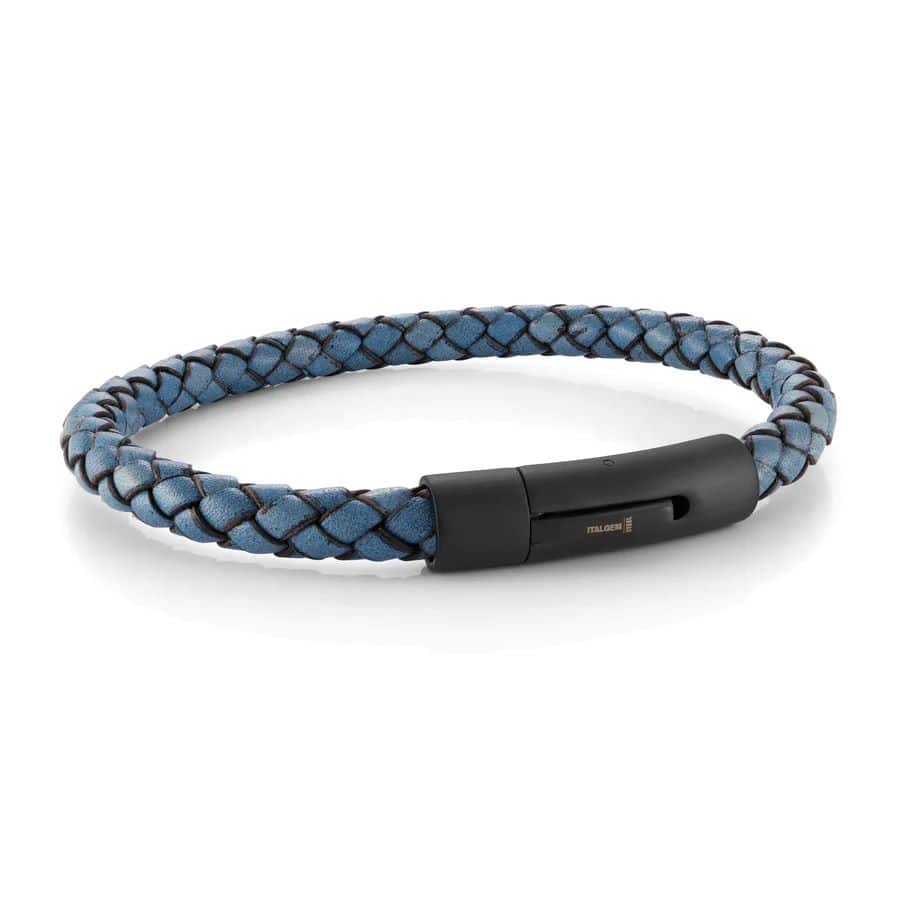 A blue braided leather bracelet with a black clasp.