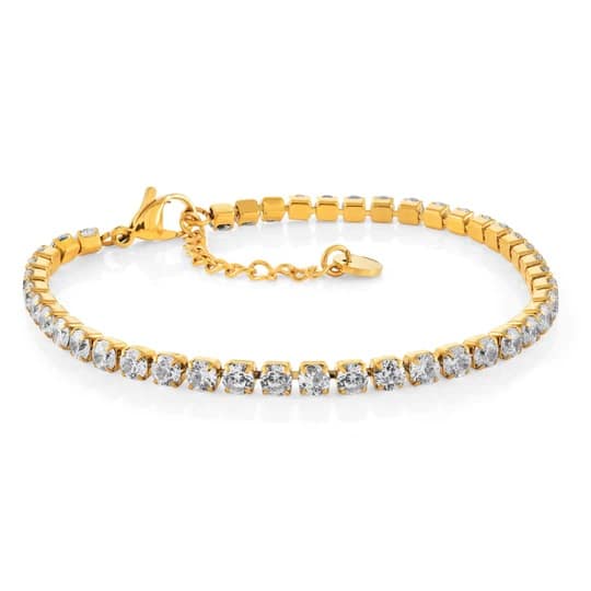 A gold plated tennis bracelet with diamonds.
