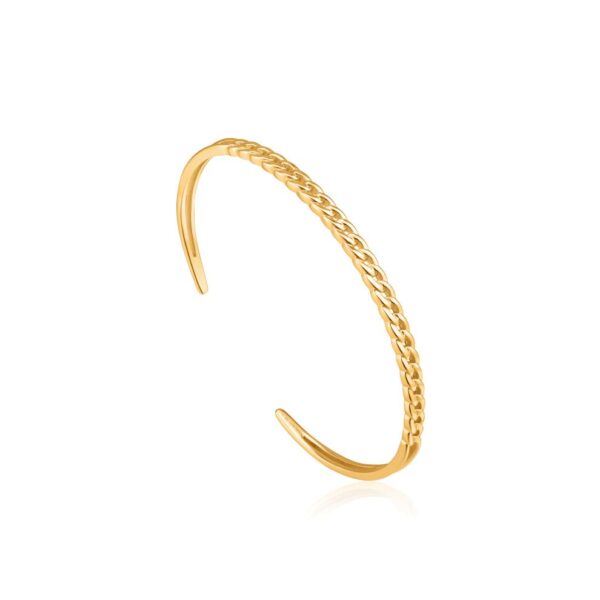 A gold plated cuff bracelet with a braided design.