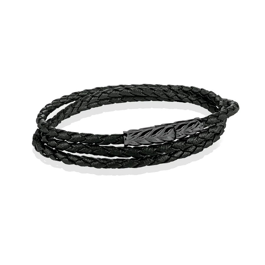 A black leather bracelet with a clasp.