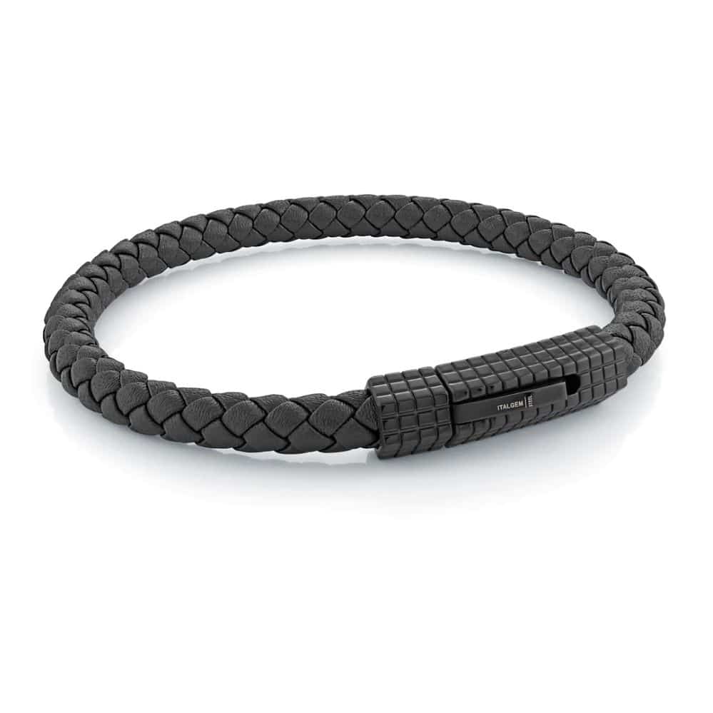 A black braided bracelet with a clasp.