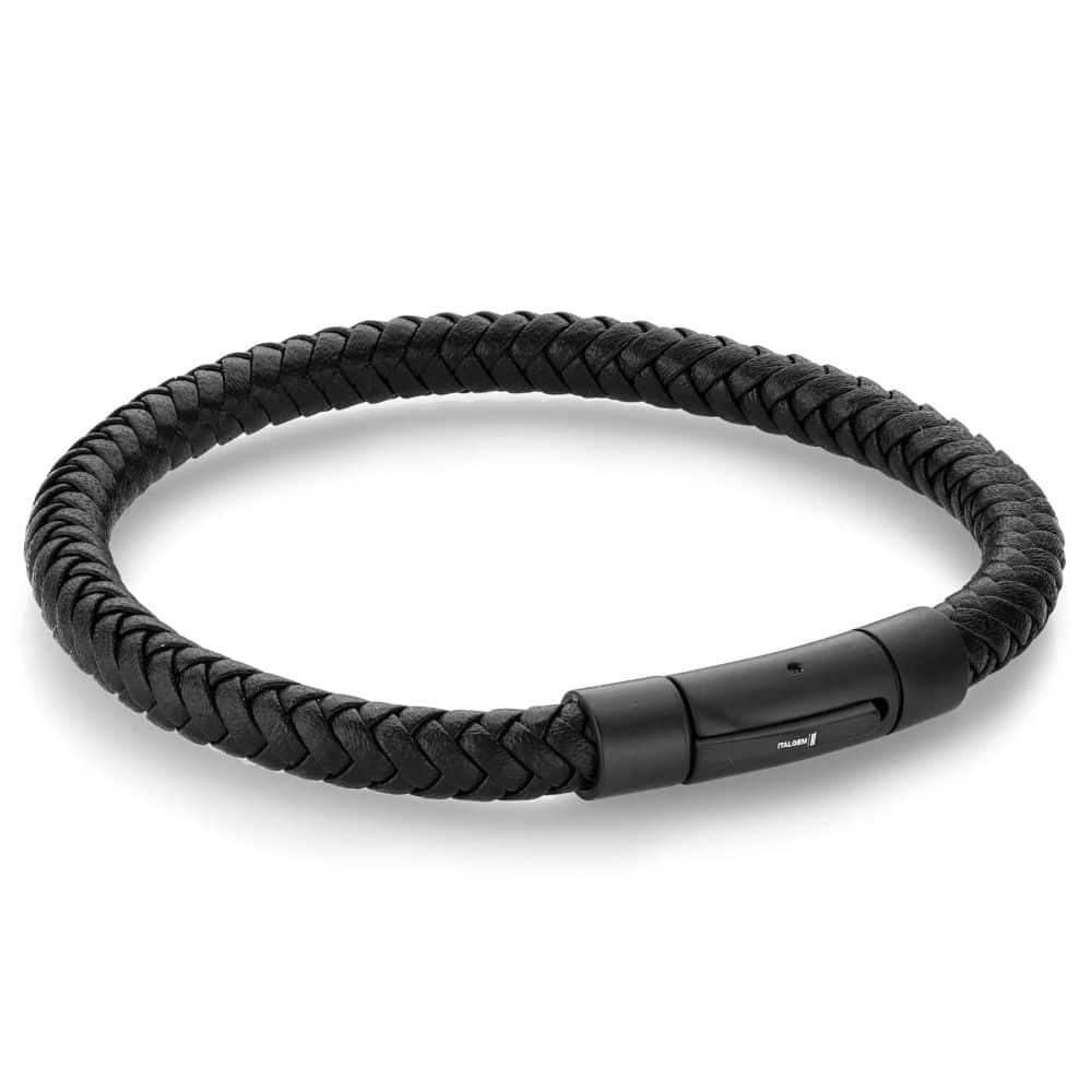 A black braided bracelet with a black clasp.