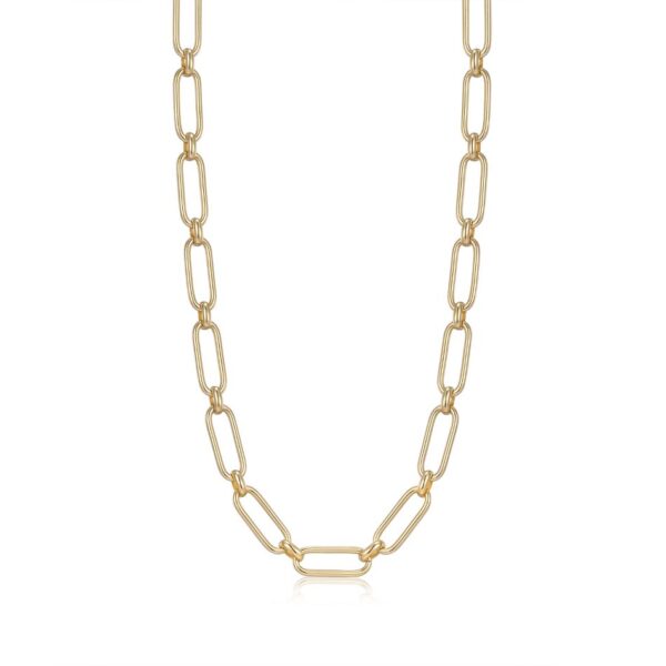 A gold chain necklace with an oval link.
