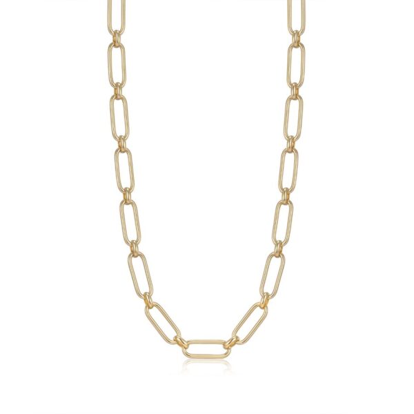 A gold chain necklace with an oval link.