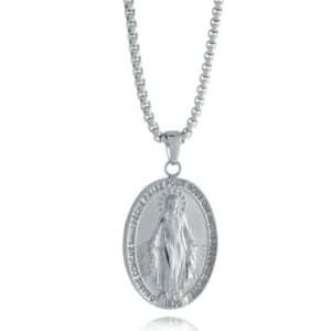 A sterling silver pendant with the image of the virgin mary.