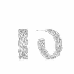 A pair of silver hoop earrings with a braided design.