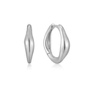 A pair of silver hoop earrings on a white background.
