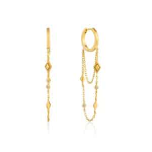 A pair of yellow gold hoop earrings with diamonds.