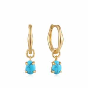 A pair of gold hoop earrings with turquoise stones.