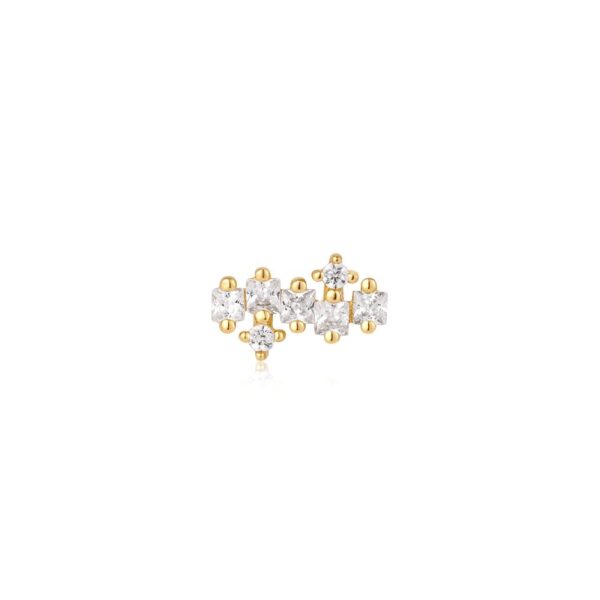 A yellow gold ring with white diamonds.